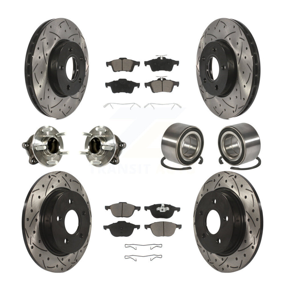 Front Rear Wheel Hub Bearings Assembly Coated Disc Brake Rotors And Ceramic Pads Kit (10Pc) For Ford Focus With Parking Assist KBB-117487