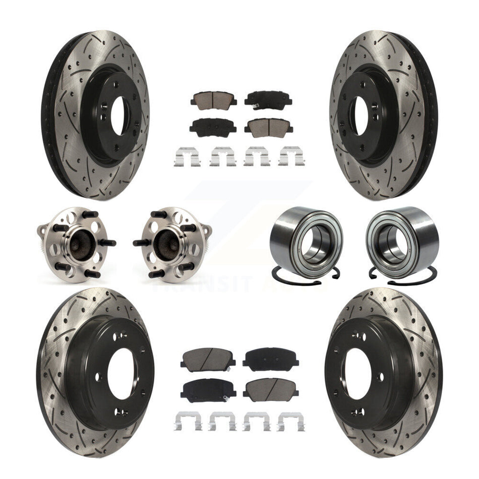 Front Rear Wheel Hub Bearings Assembly Coated Disc Brake Rotors And Ceramic Pads Kit (10Pc) For Hyundai Veloster Kia Forte Koup KBB-117497