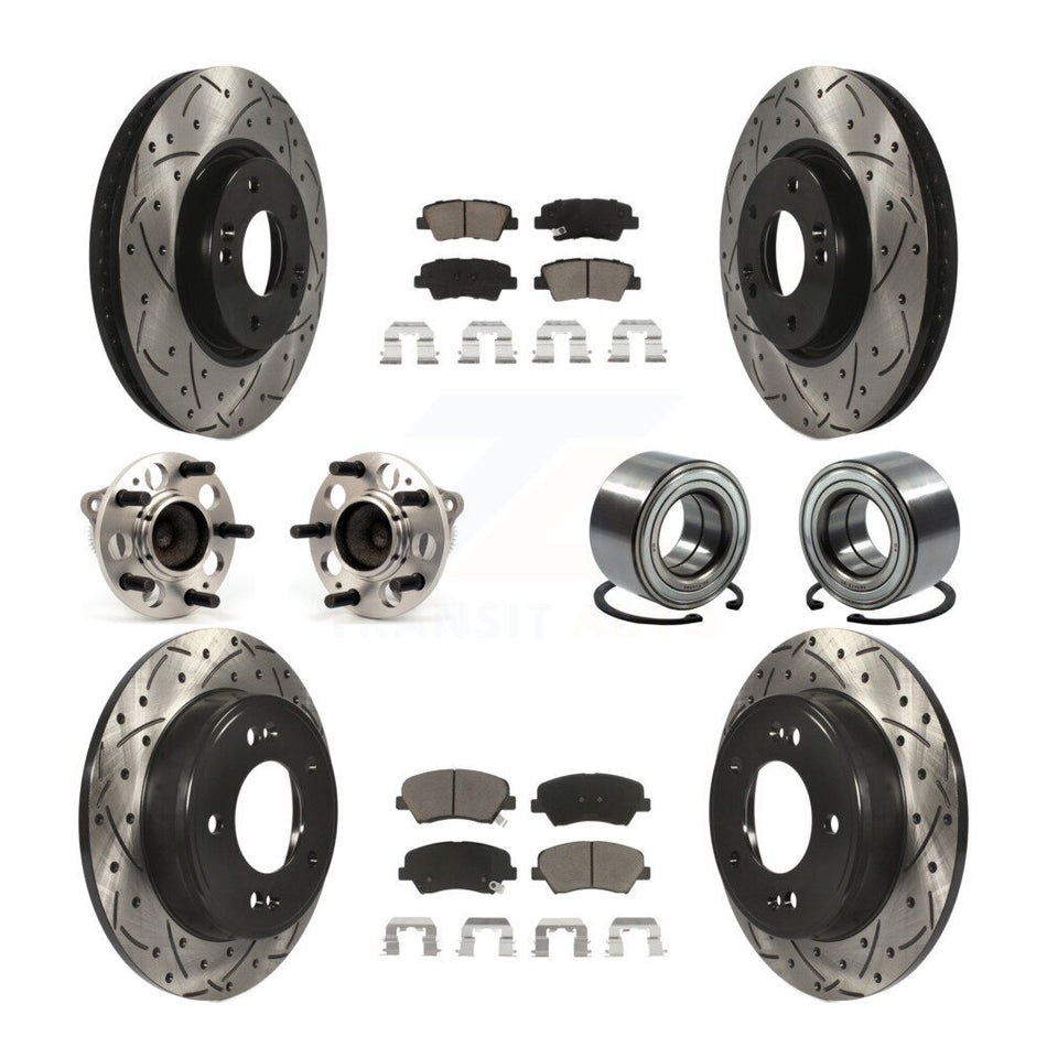 Front Rear Wheel Hub Bearings Assembly Coated Disc Brake Rotors And Ceramic Pads Kit (10Pc) For 2015 Hyundai Veloster Tech RE FLEX SE KBB-117501