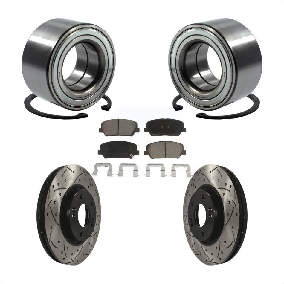 Front Wheel Bearing With Coated Drilled Slotted Disc Brake Rotors And Ceramic Pads Kit For Kia Forte Forte5 Koup KBB-117645