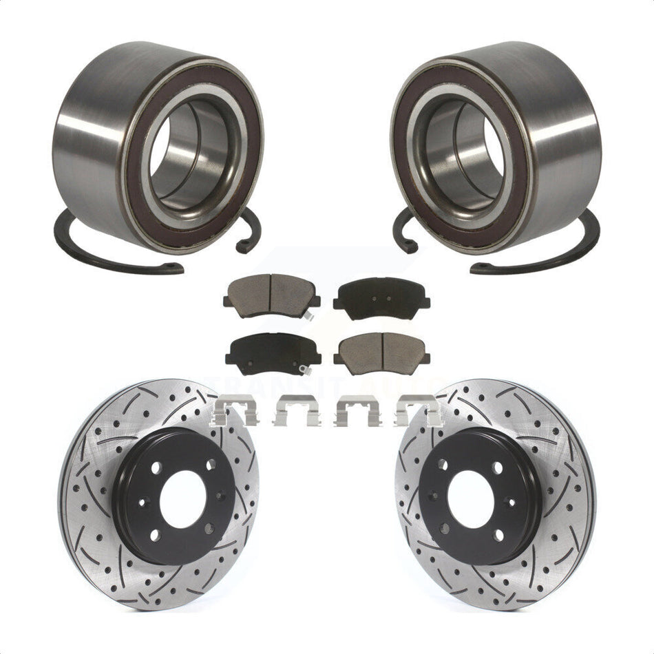 Front Wheel Bearing With Coated Drilled Slotted Disc Brake Rotors And Ceramic Pads Kit For Kia Rio KBB-117647