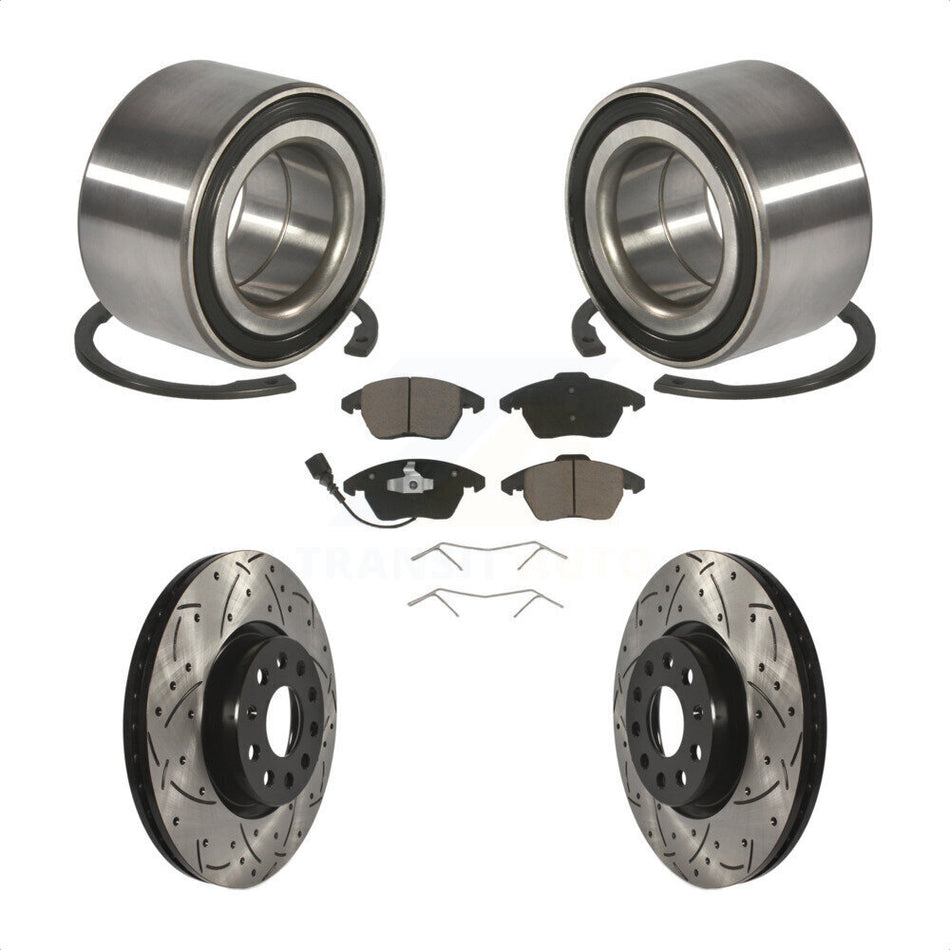 Front Wheel Bearing With Coated Drilled Slotted Disc Brake Rotors And Ceramic Pads Kit For 2005 Volkswagen Jetta 7th 8th Digit Of VIN Is "1K" 312mm Diameter Rotor KBB-117671