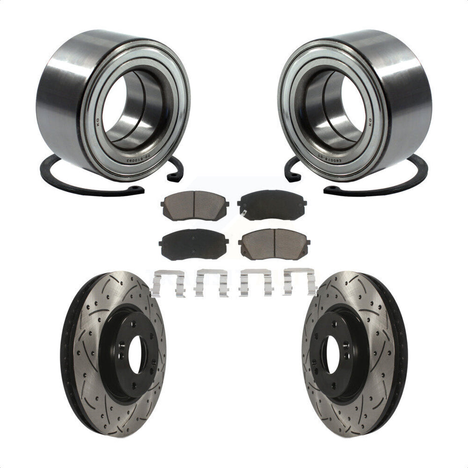 Front Wheel Bearing With Coated Drilled Slotted Disc Brake Rotors And Ceramic Pads Kit For 2015-2016 Kia Soul EV KBB-117704