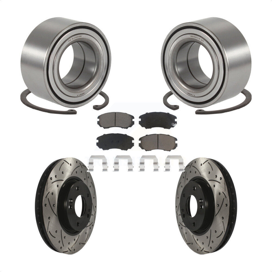 Front Wheel Bearing With Coated Drilled Slotted Disc Brake Rotors And Ceramic Pads Kit For 2006-2010 Hyundai Sonata 3.3L KBB-117706