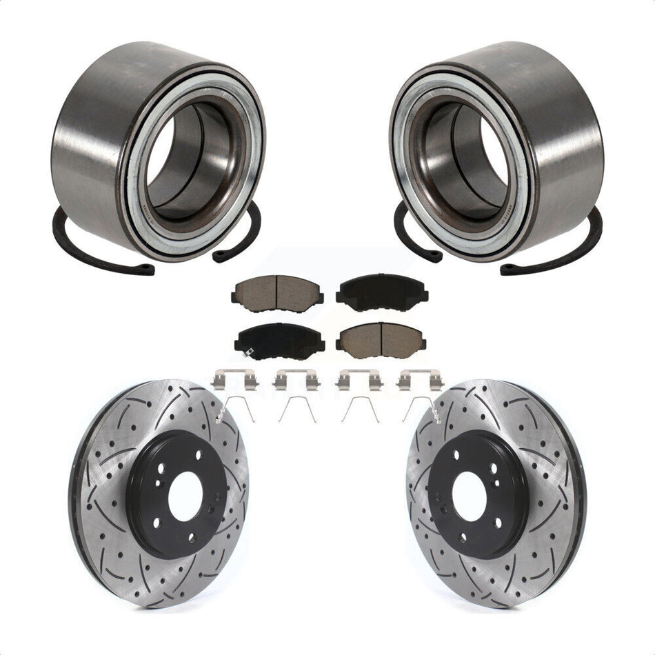 Front Wheel Bearing With Coated Drilled Slotted Disc Brake Rotors And Ceramic Pads Kit For 2005-2008 Honda Pilot KBB-117717