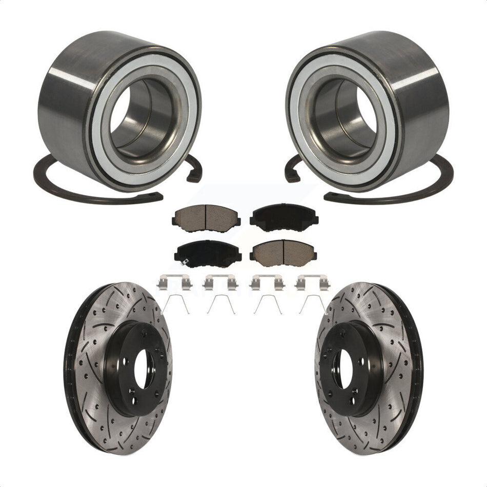 Front Wheel Bearing With Coated Drilled Slotted Disc Brake Rotors And Ceramic Pads Kit For Honda CR-Z Fit KBB-117724