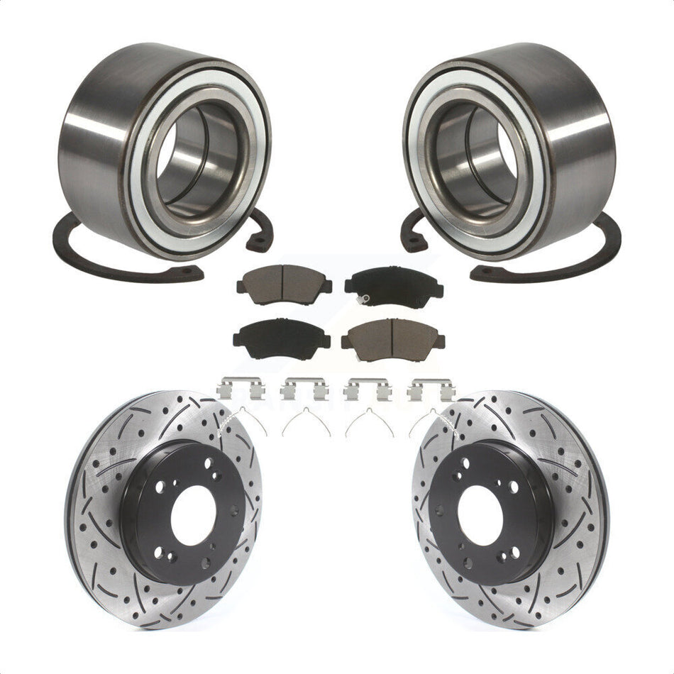 Front Wheel Bearing With Coated Drilled Slotted Disc Brake Rotors And Ceramic Pads Kit For 2004 Honda Civic SiR KBB-117727