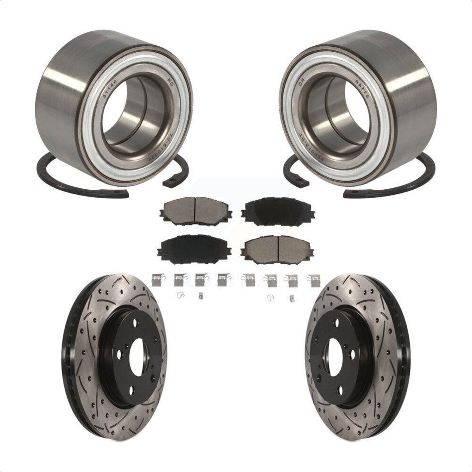 Front Wheel Bearing With Coated Drilled Slotted Disc Brake Rotors And Ceramic Pads Kit For 2017-2018 Toyota Prius V KBB-117752
