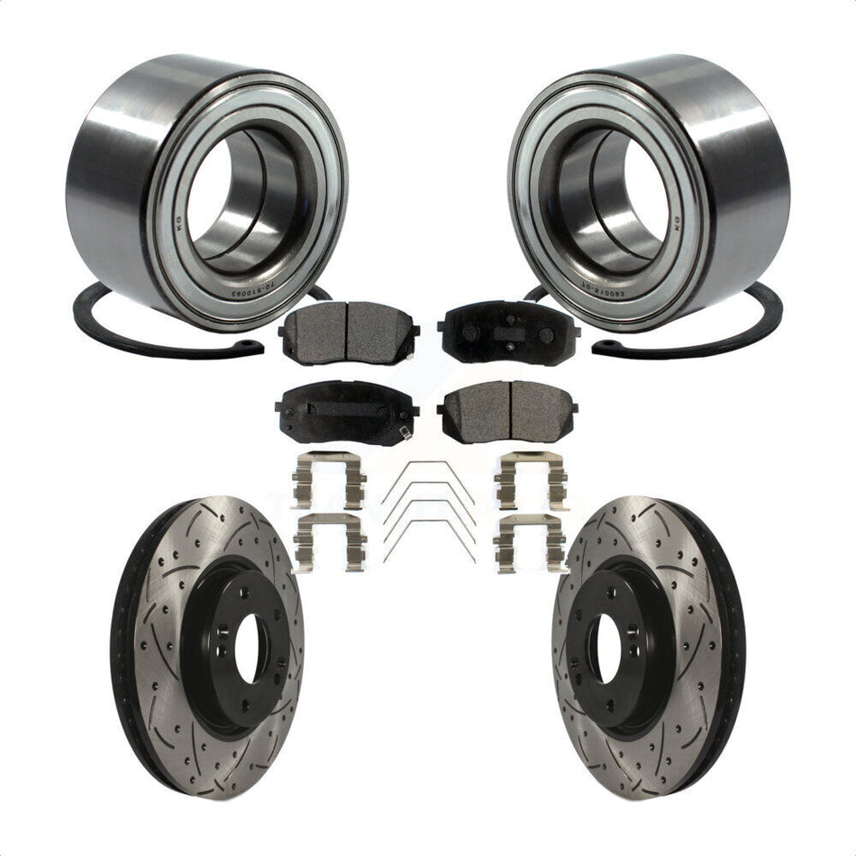 Front Wheel Bearing With Coated Drilled Slotted Disc Brake Rotors And Ceramic Pads Kit For 2017-2019 Kia Soul EV KBB-117812