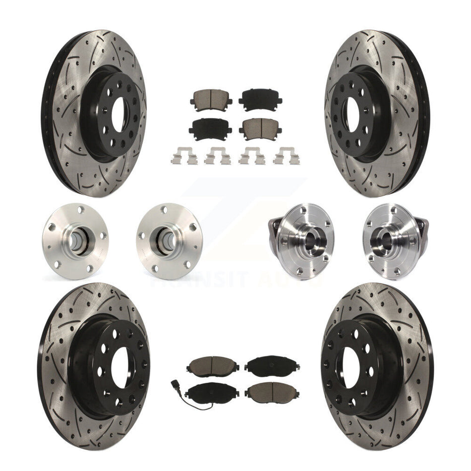 Front Rear Hub Bearings Assembly Coated Disc Brake Rotors And Ceramic Pads Kit (10Pc) For 2015 Volkswagen GTI With Performance Package KBB-119956