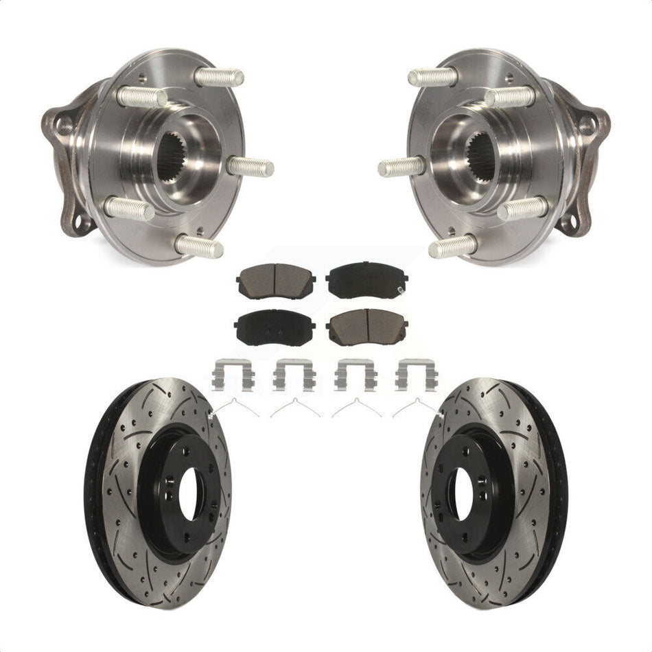 Front Hub Bearing Assembly With Coated Drilled Slotted Disc Brake Rotors And Ceramic Pads Kit For 2016 Hyundai Sonata FULL HYBRID EV-GAS (FHEV) engine KBB-120140