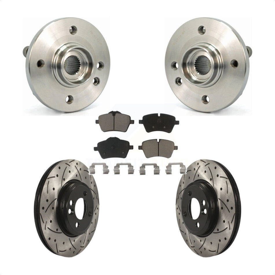 Front Hub Bearing Assembly With Coated Drilled Slotted Disc Brake Rotors And Ceramic Pads Kit For 2002-2006 Mini Cooper 294mm Diameter Rotor 4 Lug Wheels KBB-120157