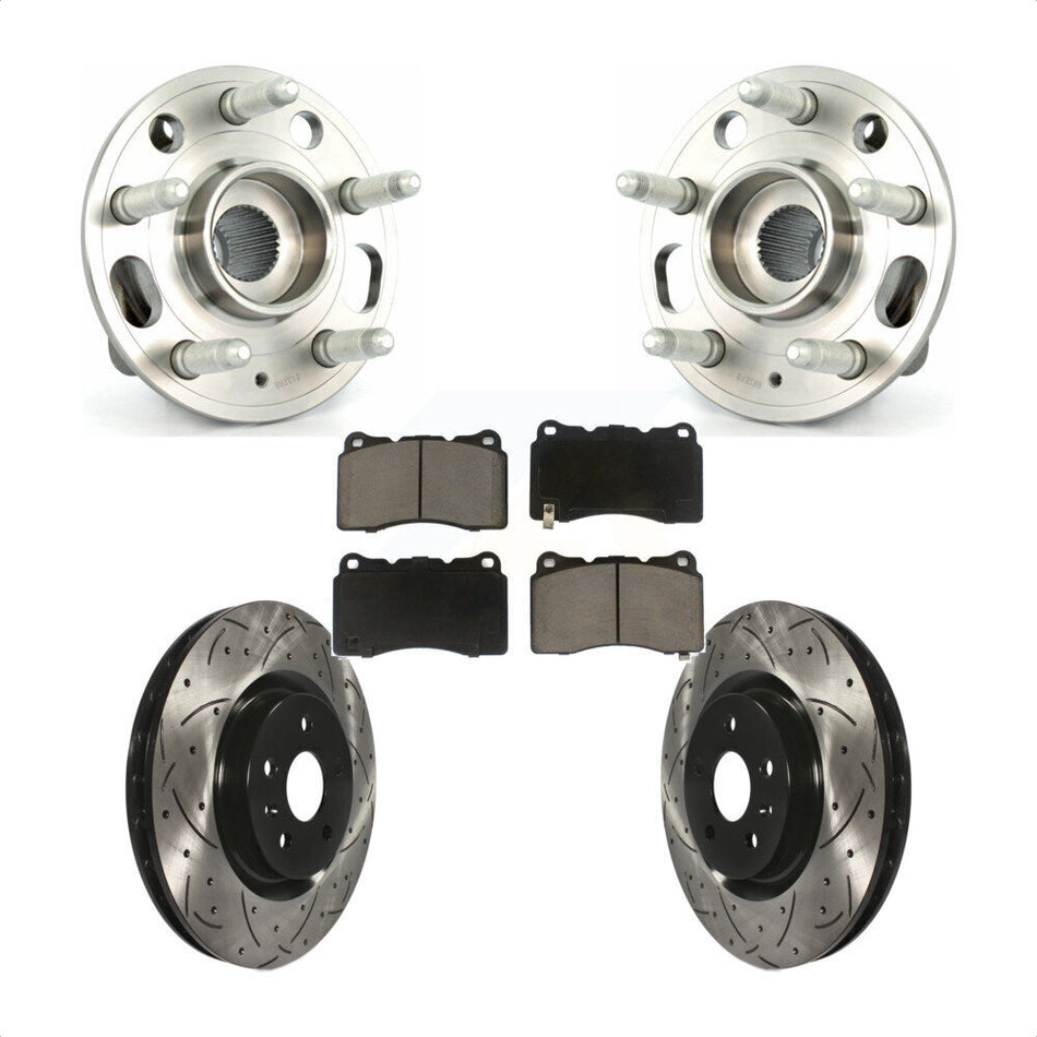 Front Hub Bearing Assembly With Coated Drilled Slotted Disc Brake Rotors And Ceramic Pads Kit For 2012-2013 Buick Regal Brembo Calipers KBB-120175