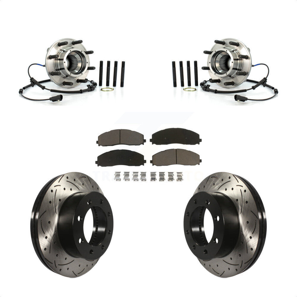 Front Hub Bearing Assembly With Coated Drilled Slotted Disc Brake Rotors And Ceramic Pads Kit For Ford F-250 Super Duty F-350 4WD KBB-120181