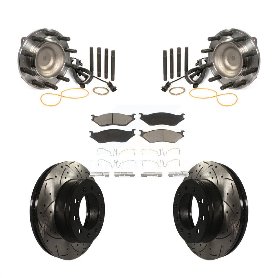 Front Hub Bearing Assembly With Coated Drilled Slotted Disc Brake Rotors And Ceramic Pads Kit For 2011-2016 Ford F-450 Super Duty F-550 4 X 2 KBB-120182