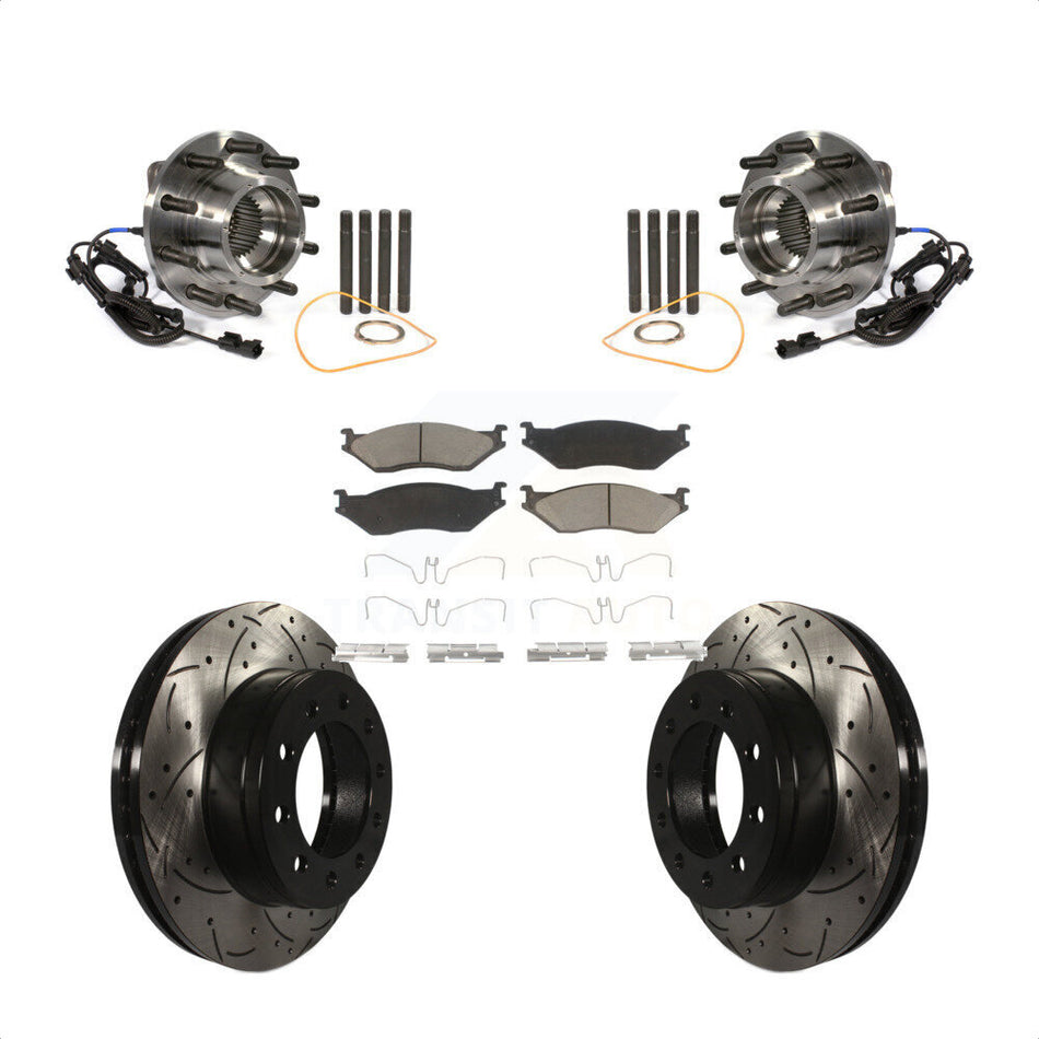 Front Hub Bearing Assembly With Coated Drilled Slotted Disc Brake Rotors And Ceramic Pads Kit For 2011-2016 Ford F-450 Super Duty F-550 4 X KBB-120183