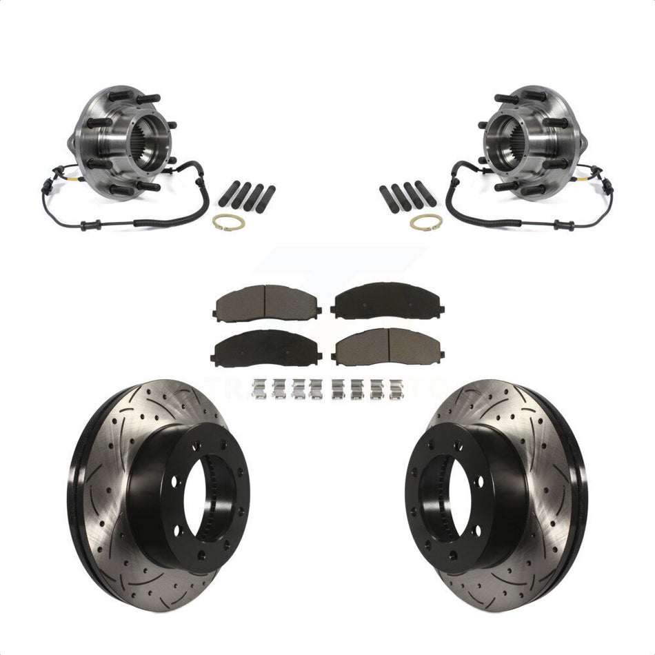 Front Hub Bearing Assembly With Coated Drilled Slotted Disc Brake Rotors And Ceramic Pads Kit For 2014 Ford F-350 Super Duty 4WD Dual Rear Wheels KBB-120184