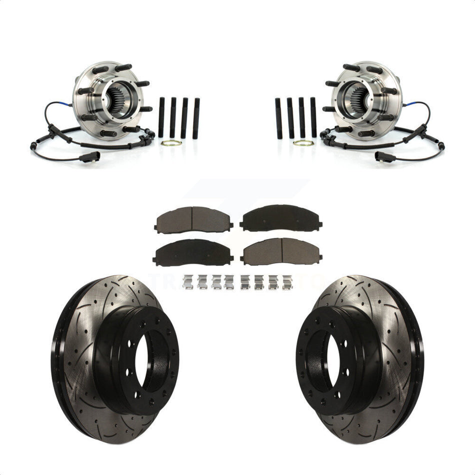 Front Hub Bearing Assembly With Coated Drilled Slotted Disc Brake Rotors And Ceramic Pads Kit For 2013 Ford F-250 Super Duty 4WD Wide Frame Vehicle KBB-120185