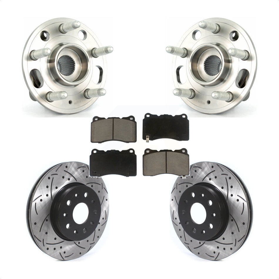 Front Hub Bearing Assembly With Coated Drilled Slotted Disc Brake Rotors And Ceramic Pads Kit For Cadillac CTS KBB-120243