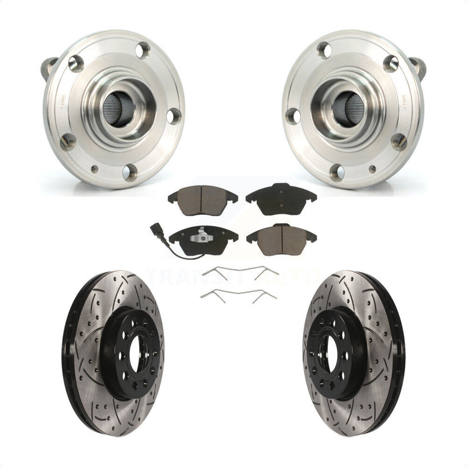Front Hub Bearing Assembly With Coated Drilled Slotted Disc Brake Rotors And Ceramic Pads Kit For Volkswagen Jetta Beetle Golf Rabbit Audi A3 GTI Quattro KBB-120251