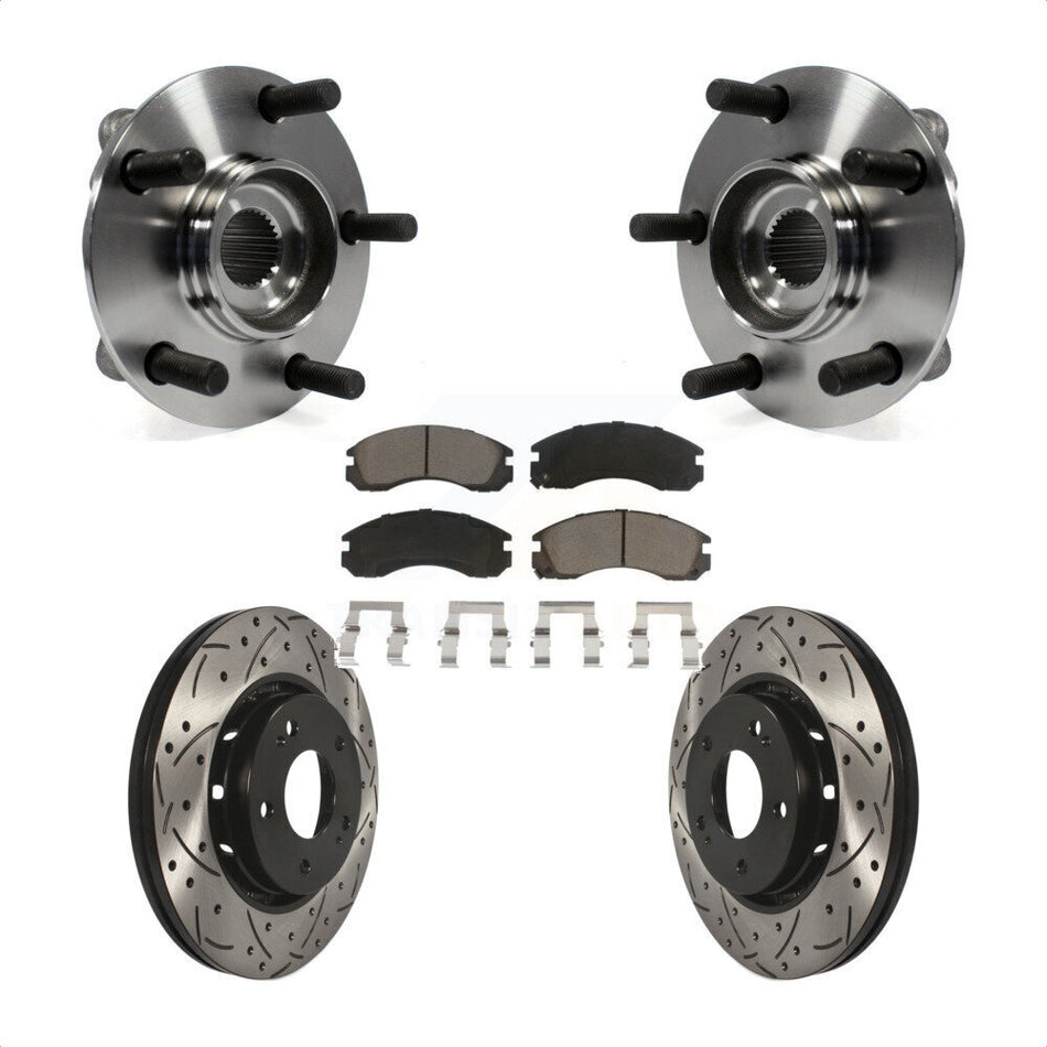 Front Hub Bearing Assembly With Coated Drilled Slotted Disc Brake Rotors And Ceramic Pads Kit For 2010-2011 Mitsubishi Lancer Ralliart Sportback with AWD KBB-120265