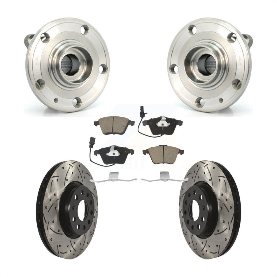 Front Hub Bearing Assembly With Coated Drilled Slotted Disc Brake Rotors And Ceramic Pads Kit For Volkswagen CC Passat KBB-120270
