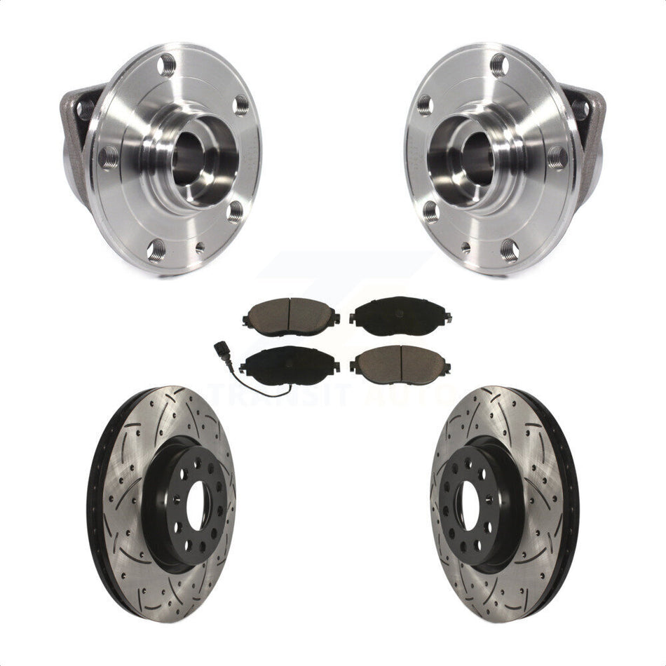 Front Hub Bearing Assembly With Coated Drilled Slotted Disc Brake Rotors And Ceramic Pads Kit For 2015 Volkswagen GTI Performance Package KBB-120272