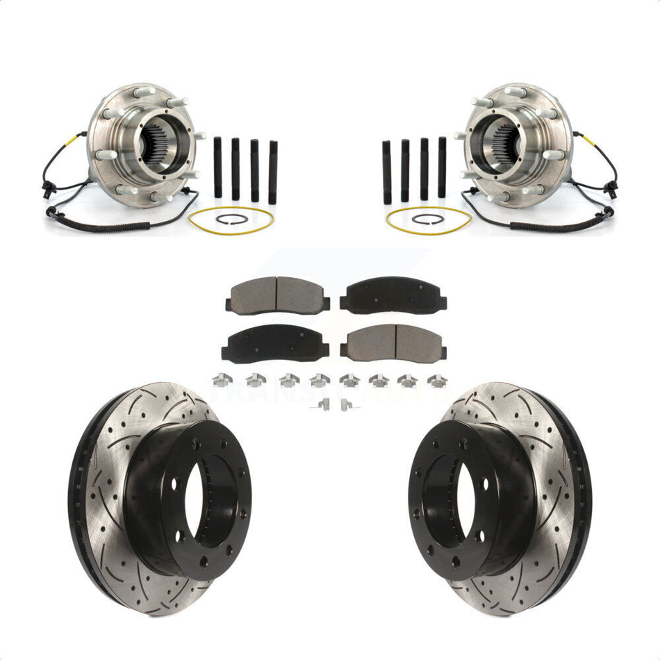 Front Hub Bearing Assembly With Coated Drilled Slotted Disc Brake Rotors And Ceramic Pads Kit For Ford F-250 Super Duty Dual Rear Wheels KBB-120293