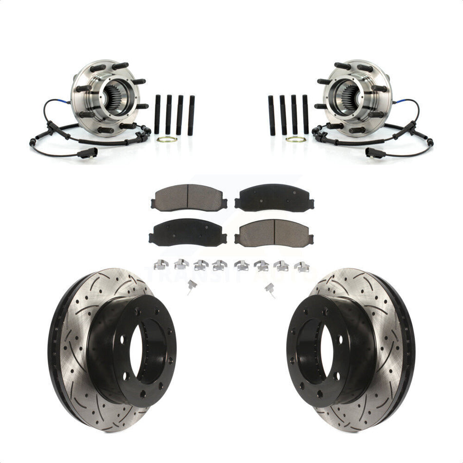 Front Hub Bearing Assembly With Coated Drilled Slotted Disc Brake Rotors And Ceramic Pads Kit For 2012-2012 Ford F-250 Super Duty F-350 Single Rear Wheels 4WD KBB-120295