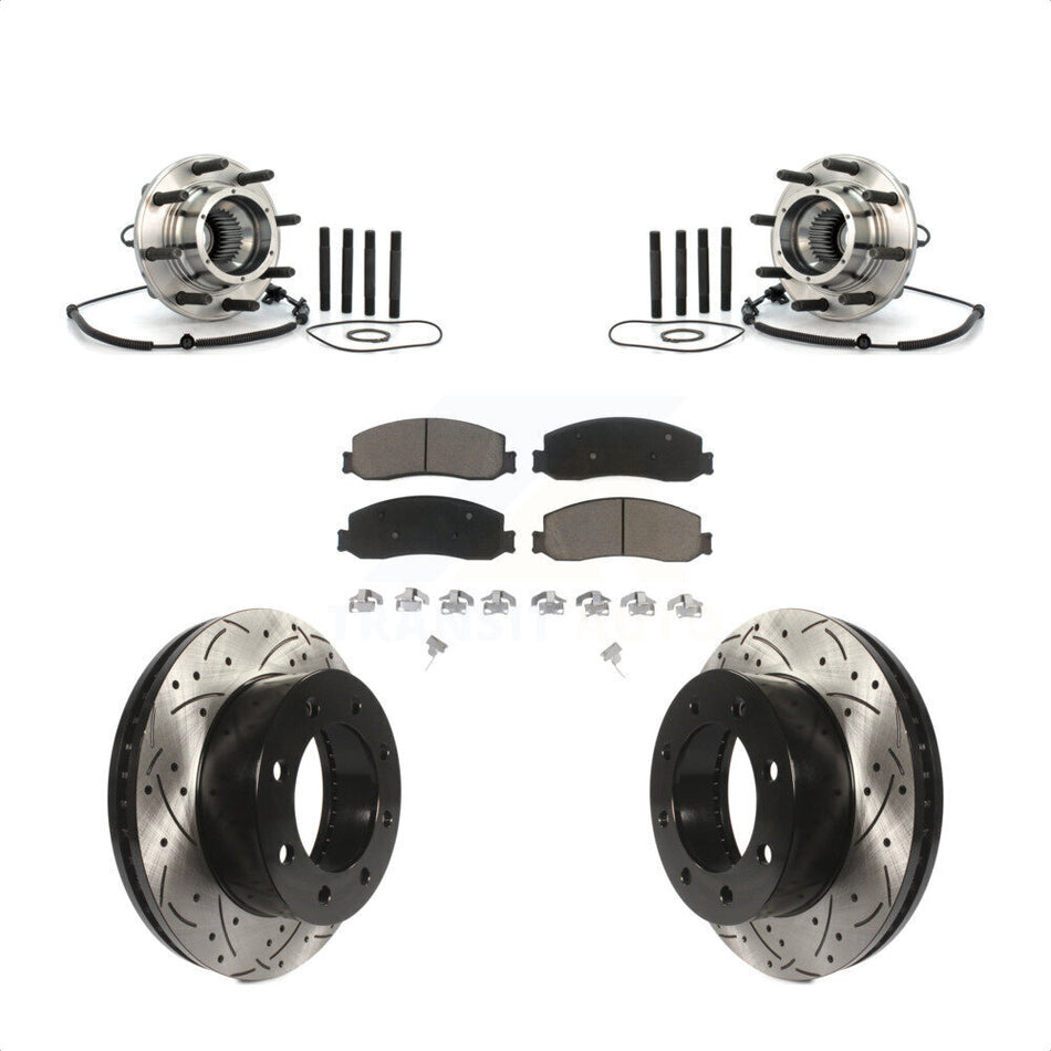 Front Hub Bearing Assembly With Coated Drilled Slotted Disc Brake Rotors And Ceramic Pads Kit For 2010 Ford F-250 Super Duty 4WD Single Rear Wheels KBB-120296