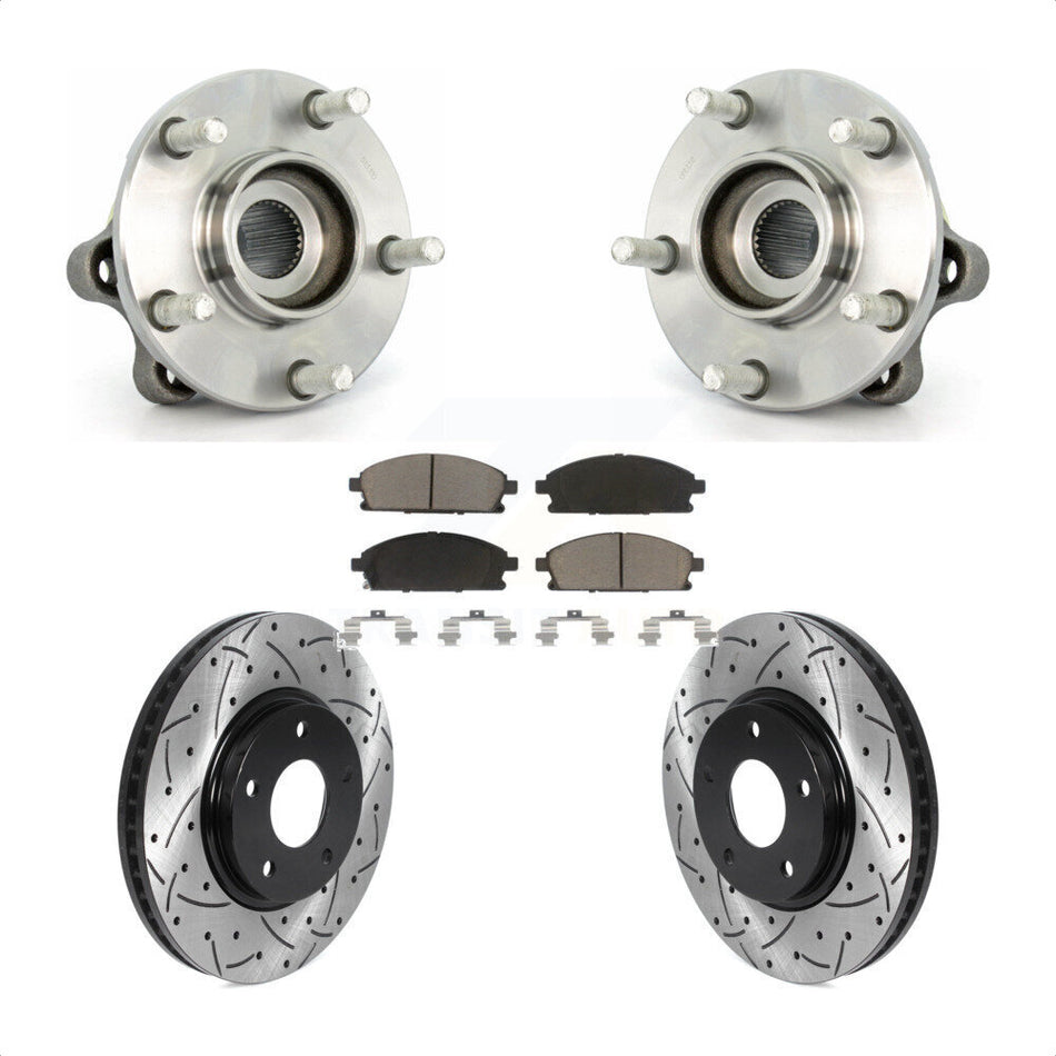Front Hub Bearing Assembly With Coated Drilled Slotted Disc Brake Rotors And Ceramic Pads Kit For 2004-2009 Nissan Quest KBB-120304