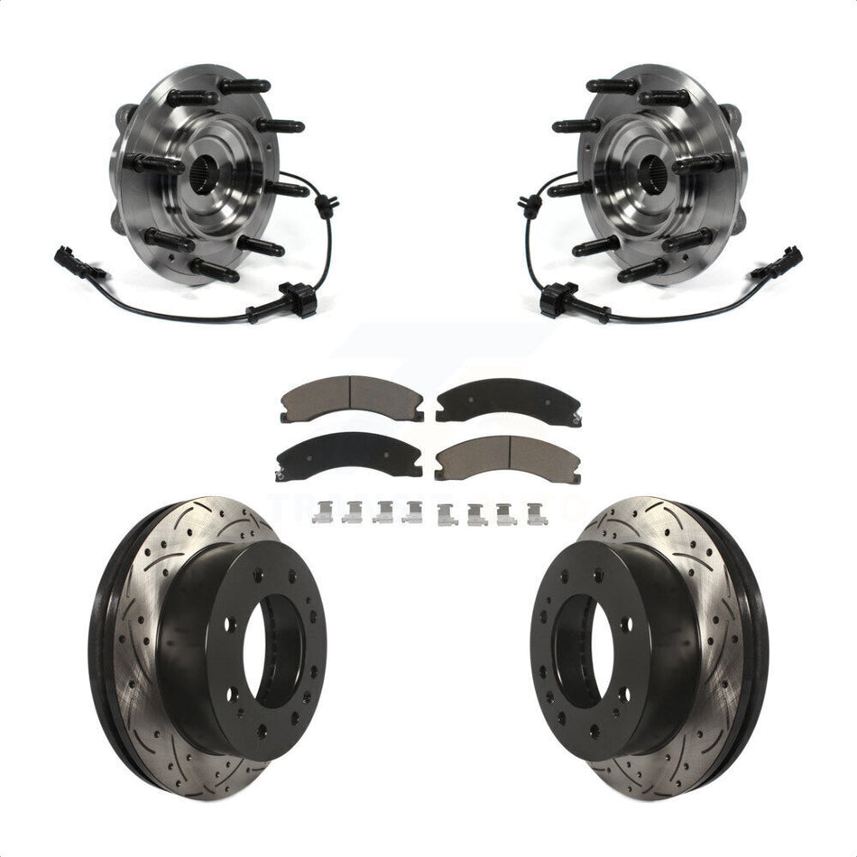 Front Hub Bearing Assembly With Coated Drilled Slotted Disc Brake Rotors And Ceramic Pads Kit For Chevrolet Silverado 2500 HD GMC Sierra 3500 4WD KBB-120324