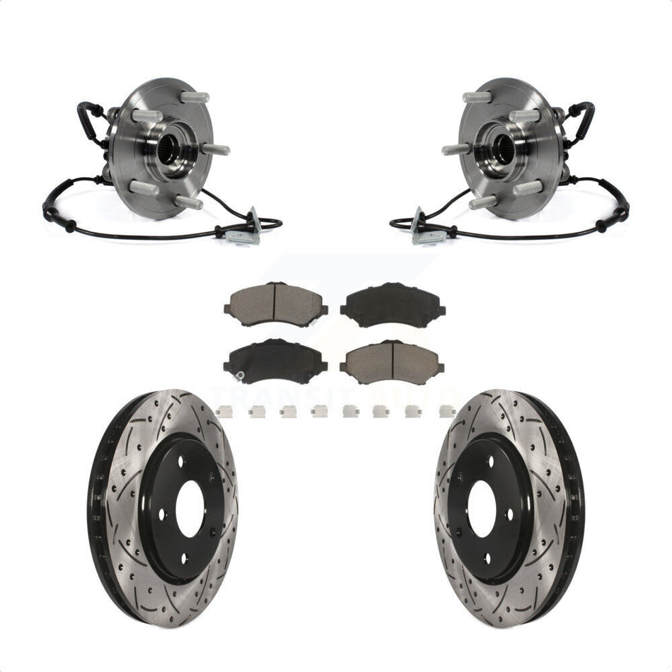 Front Hub Bearing Assembly Coated Drilled Slot Brake Rotor Pads Kit For Dodge Grand Caravan Chrysler Town & Country Ram C/V Volkswagen Routan With Single Piston Caliper KBB-120334