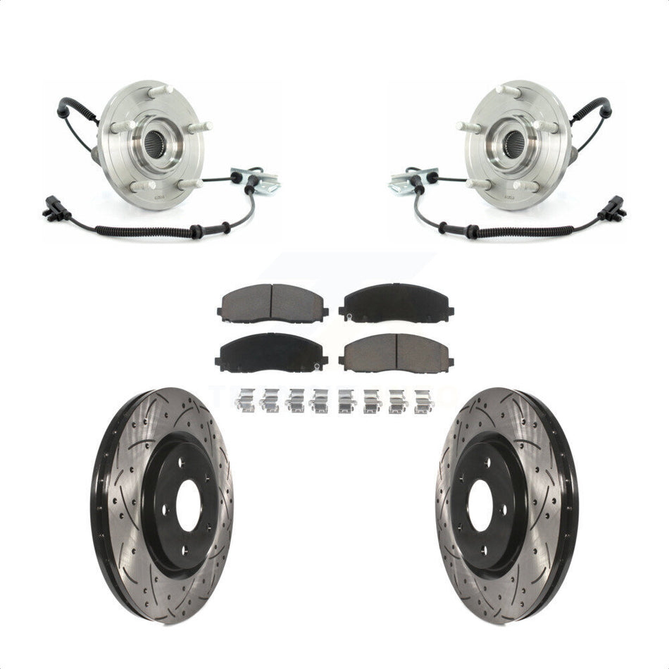 Front Hub Bearing Assembly With Coated Drilled Slotted Disc Brake Rotors And Ceramic Pads Kit For 2012 Volkswagen Routan Dual Piston Caliper KBB-120338