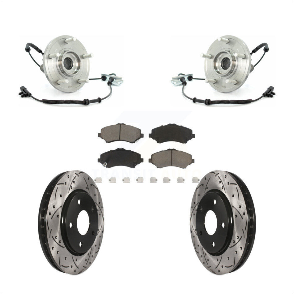 Front Hub Bearing Assembly With Coated Drilled Slotted Disc Brake Rotors And Ceramic Pads Kit For Chrysler Town & Country Dodge Grand Caravan Volkswagen Routan KBB-120339