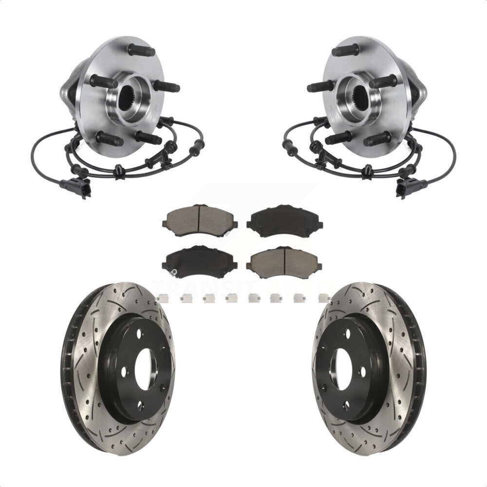 Front Hub Bearing Assembly Coated Drilled Slotted Brake Rotor & Pad Kit For Jeep Wrangler KBB-120347