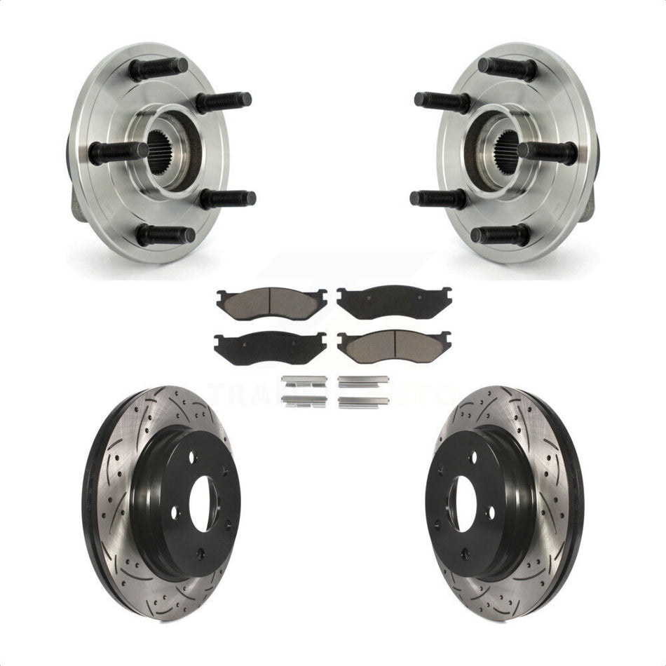 Front Hub Bearing Assembly With Coated Drilled Slotted Disc Brake Rotors And Ceramic Pads Kit For Dodge Ram 1500 5 Lug Wheels KBB-120359