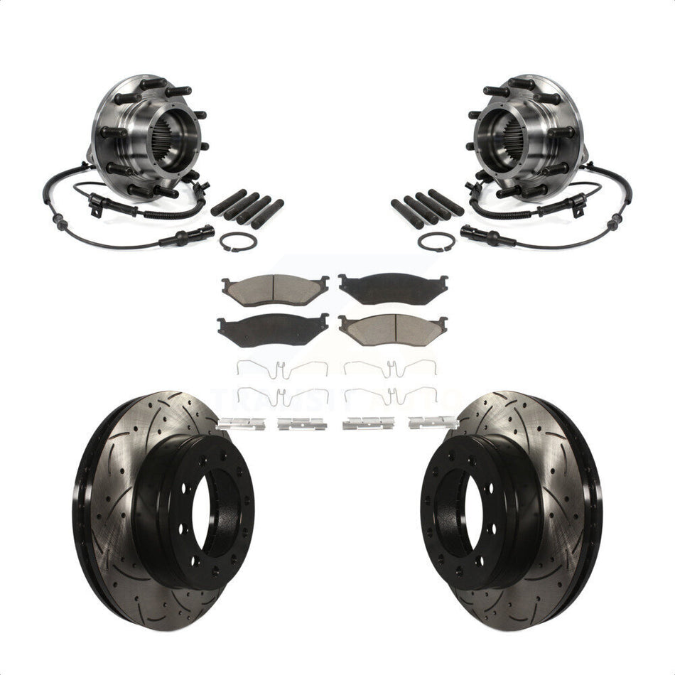Front Hub Bearing Assembly With Coated Drilled Slotted Disc Brake Rotors And Ceramic Pads Kit For 2005-2010 Ford F-550 Super Duty 4 X Dual Rear Wheels KBB-120361