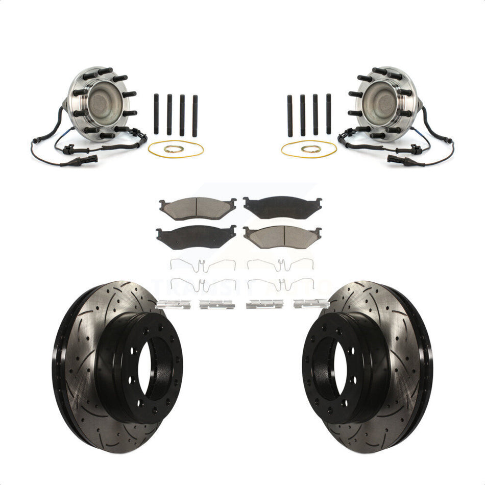 Front Hub Bearing Assembly With Coated Drilled Slotted Disc Brake Rotors And Ceramic Pads Kit For Ford F-450 Super Duty F-550 KBB-120362