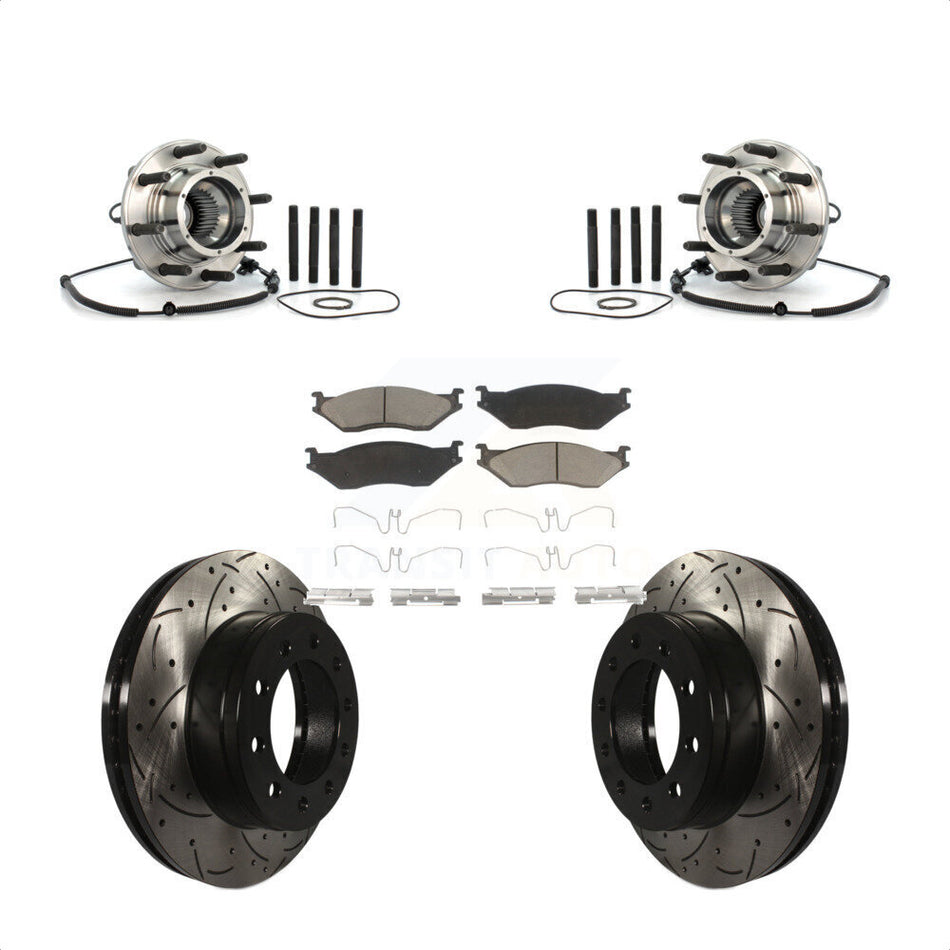 Front Hub Bearing Assembly With Coated Drilled Slotted Disc Brake Rotors And Ceramic Pads Kit For 2010 Ford F-550 Super Duty 4 X Single Rear Wheels KBB-120363