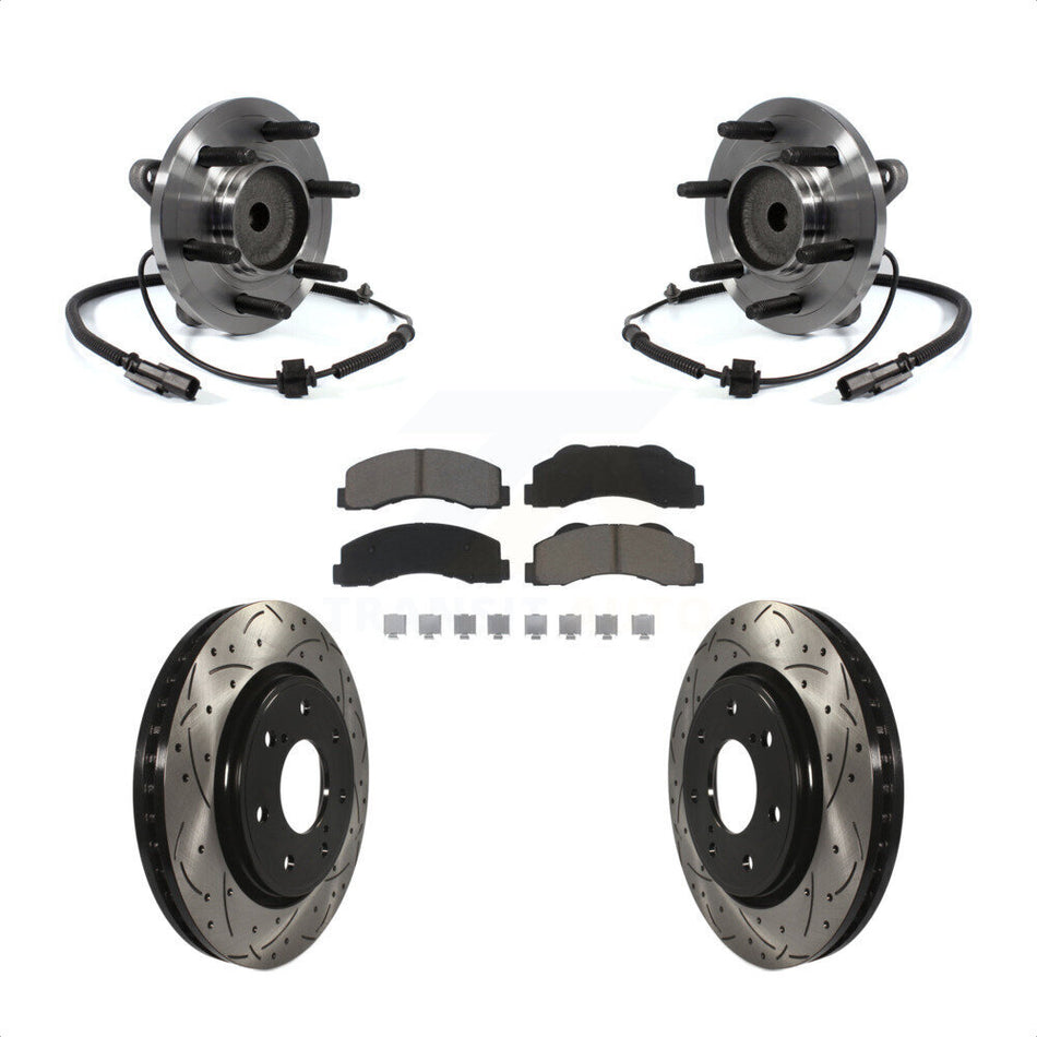 Front Hub Bearing Assembly With Coated Drilled Slotted Disc Brake Rotors And Ceramic Pads Kit For 2011-2014 Ford F-150 RWD 7 Lug Wheels KBB-120374