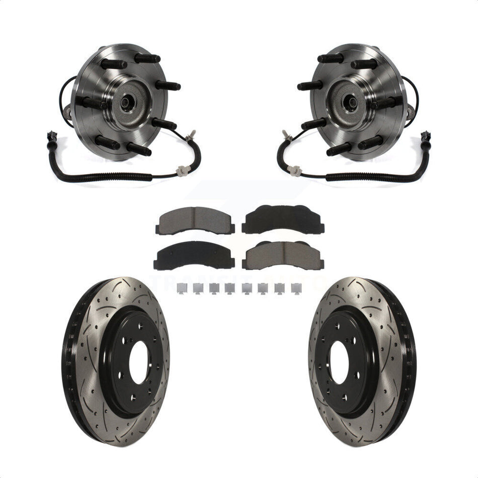 Front Hub Bearing Assembly With Coated Drilled Slotted Disc Brake Rotors And Ceramic Pads Kit For Ford F-150 7 Lug Wheels Heavy Duty Payload Package KBB-120378