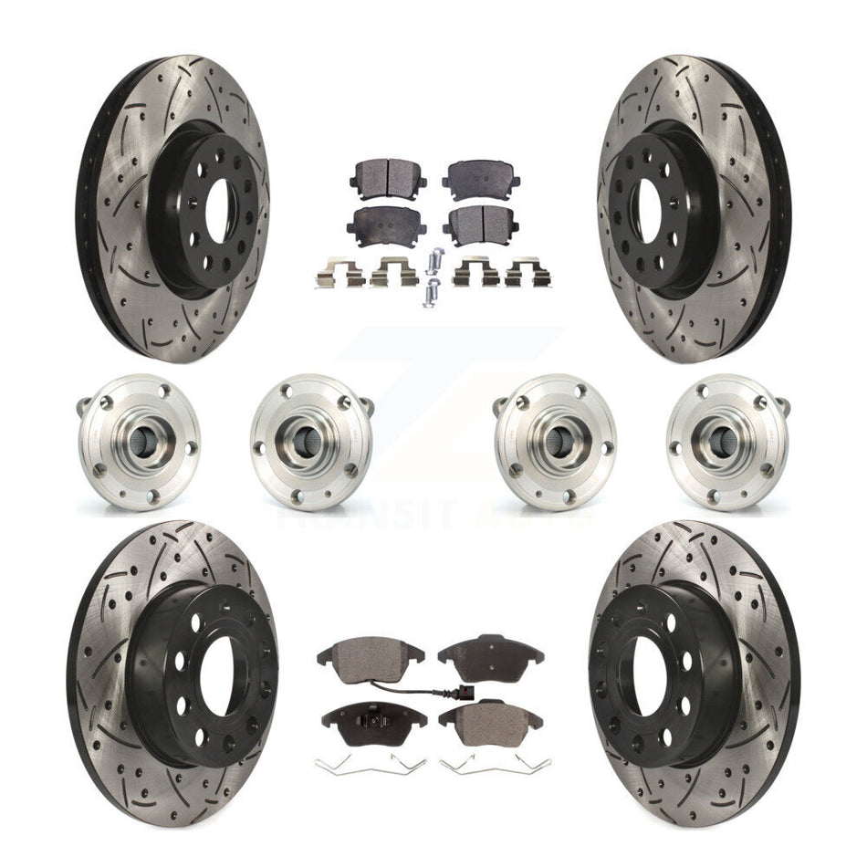 Front Rear Hub Bearings Assembly Coated Disc Brake Rotors And Ceramic Pads Kit (10Pc) For 2008 Audi A3 Quattro With 260mm Diameter Rotor KBB-120496