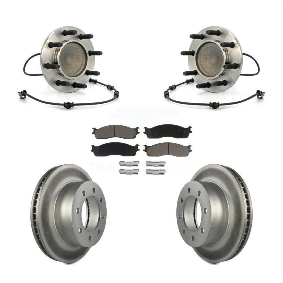 Front Hub Bearing Assembly With Coated Disc Brake Rotors And Ceramic Pads Kit For 2003-2005 Dodge Ram 2500 3500 RWD KBB-121402