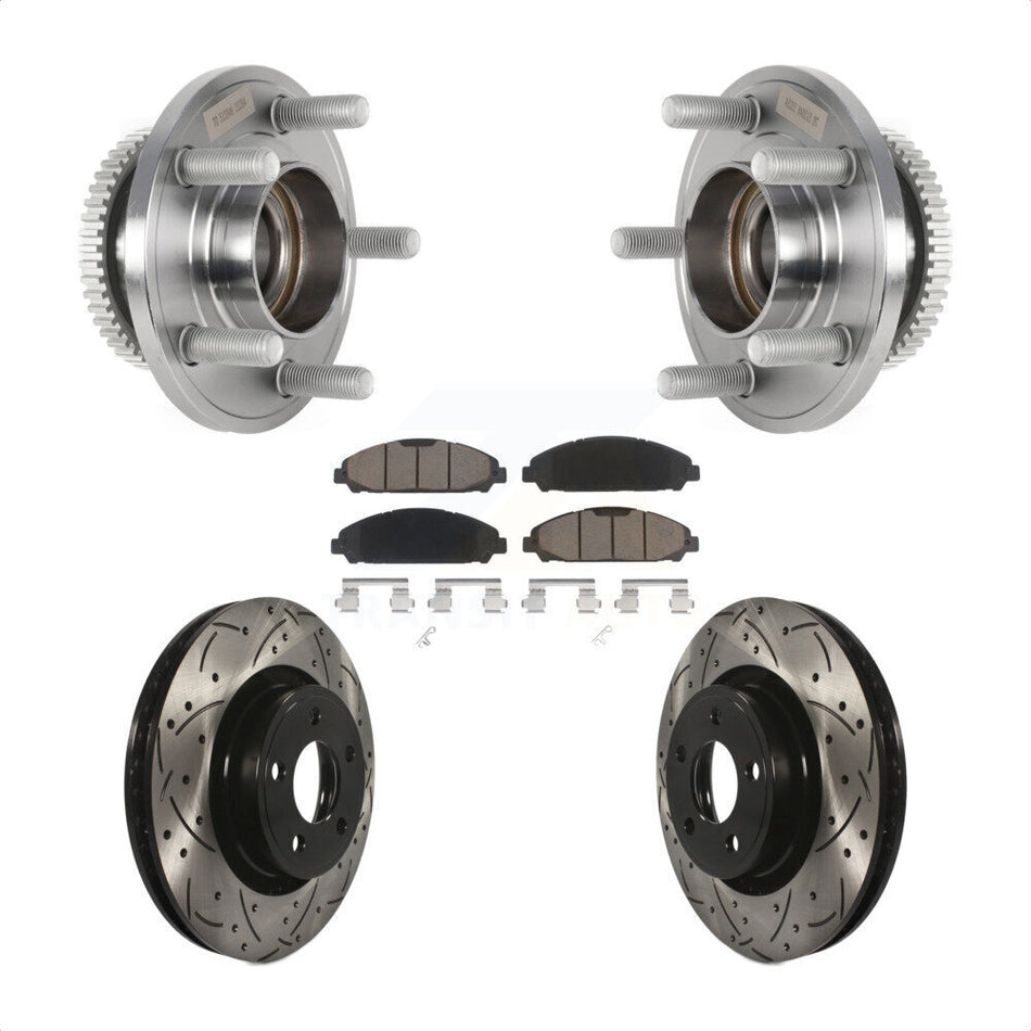 Front Hub Bearing Assembly Coated Drilled Slotted Brake Rotor & Pads Kit For Ford Mustang KBB-125517