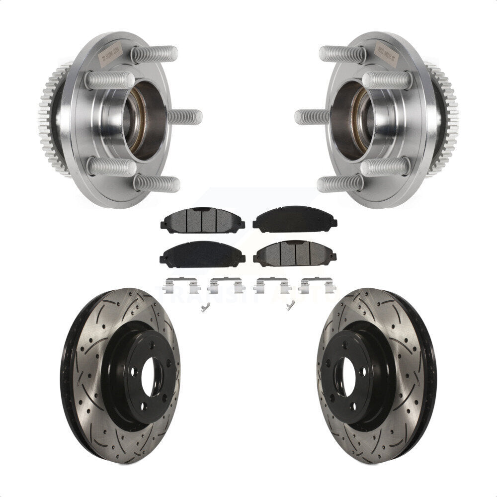 Front Hub Bearing Assembly Coated Drilled Slotted Brake Rotor & Pads Kit For Ford Mustang KBB-125674