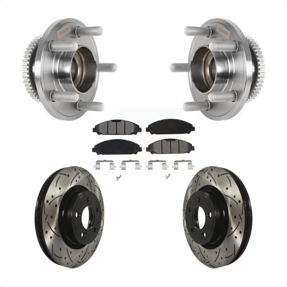Front Hub Bearing Assembly Coated Drilled Slotted Brake Rotor & Pads Kit For Ford Mustang KBB-125674