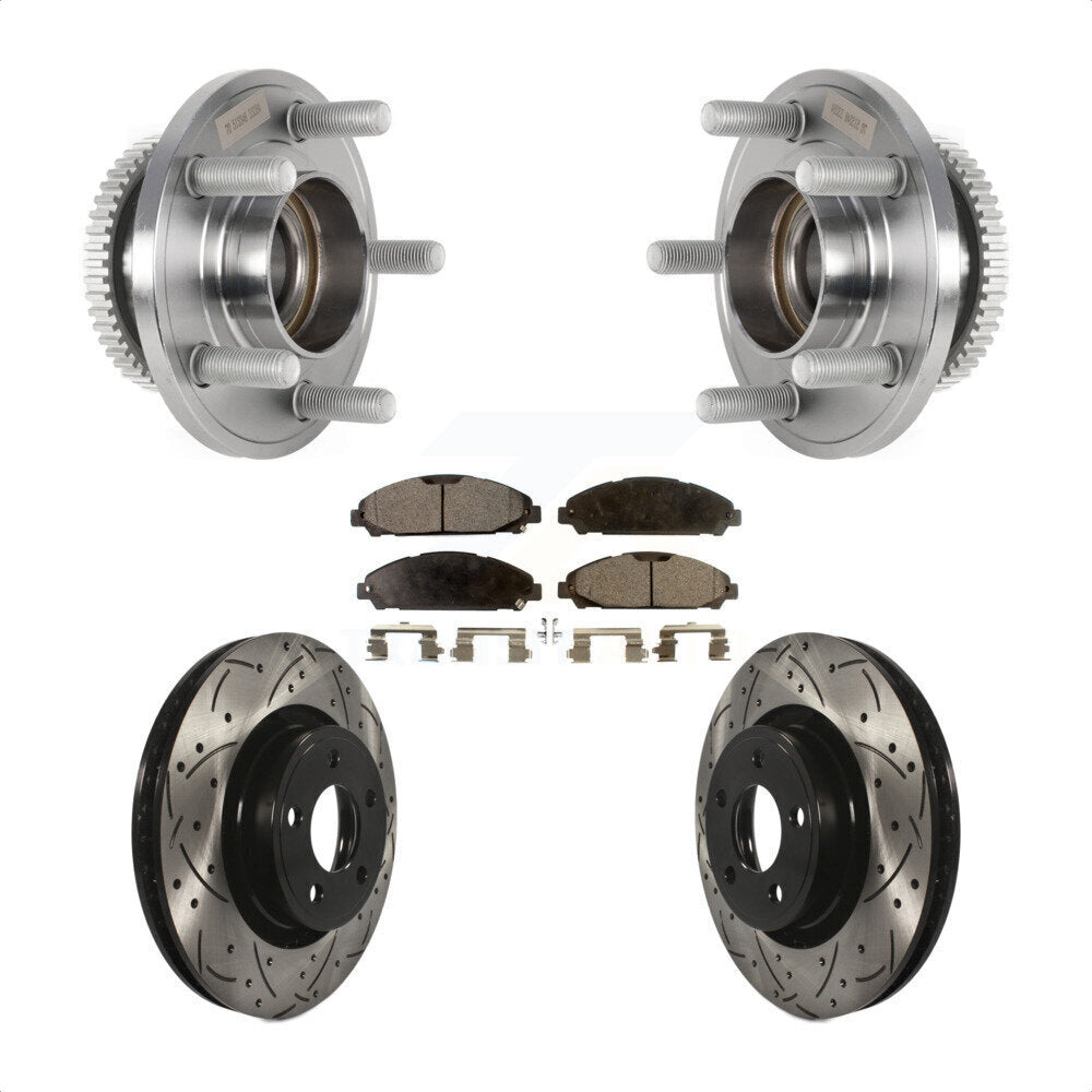 Front Hub Bearing Assembly Coated Drilled Slotted Brake Rotor & Pads Kit For Ford Mustang KBB-125763