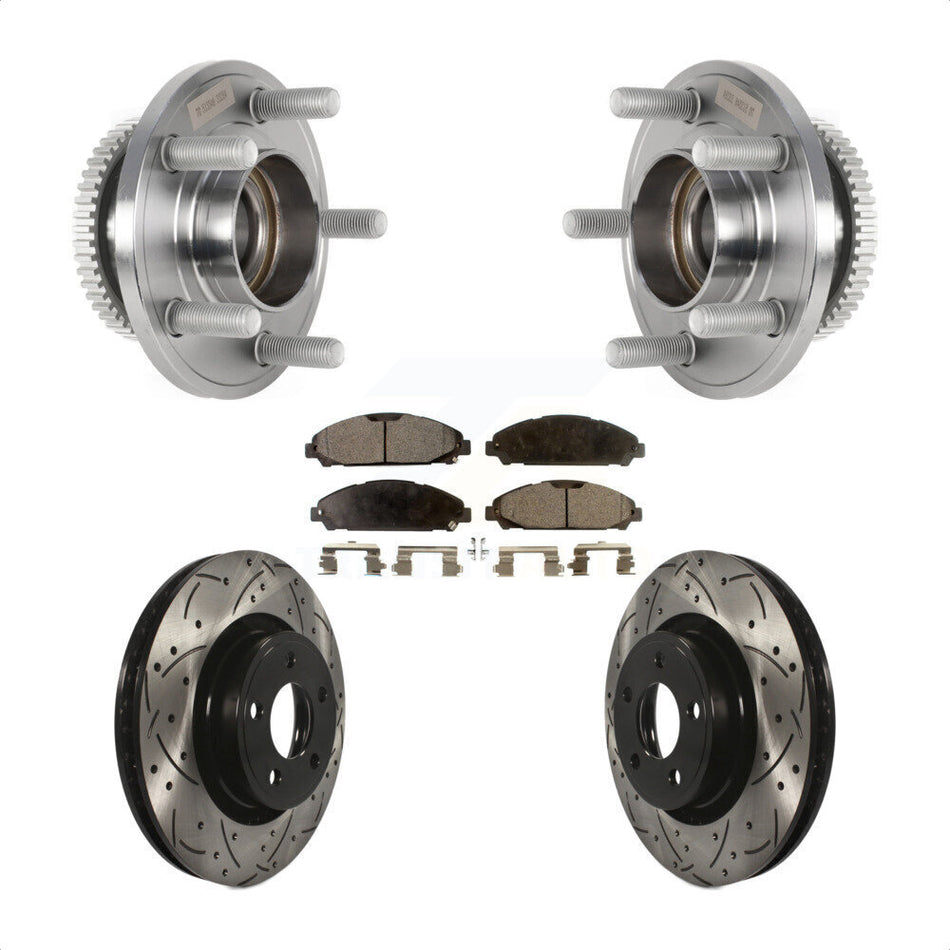 Front Hub Bearing Assembly Coated Drilled Slotted Brake Rotor & Pads Kit For Ford Mustang KBB-125763