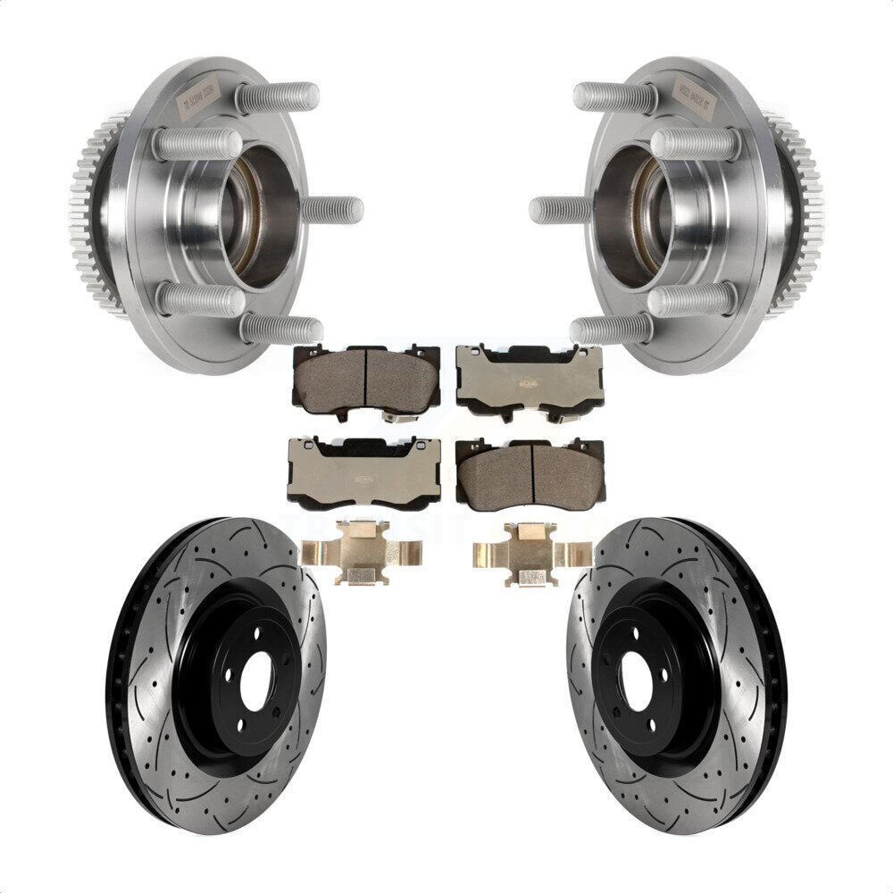Front Hub Bearing Assembly Coated Drilled Slotted Brake Rotor & Pads Kit For Ford Mustang KBB-125764